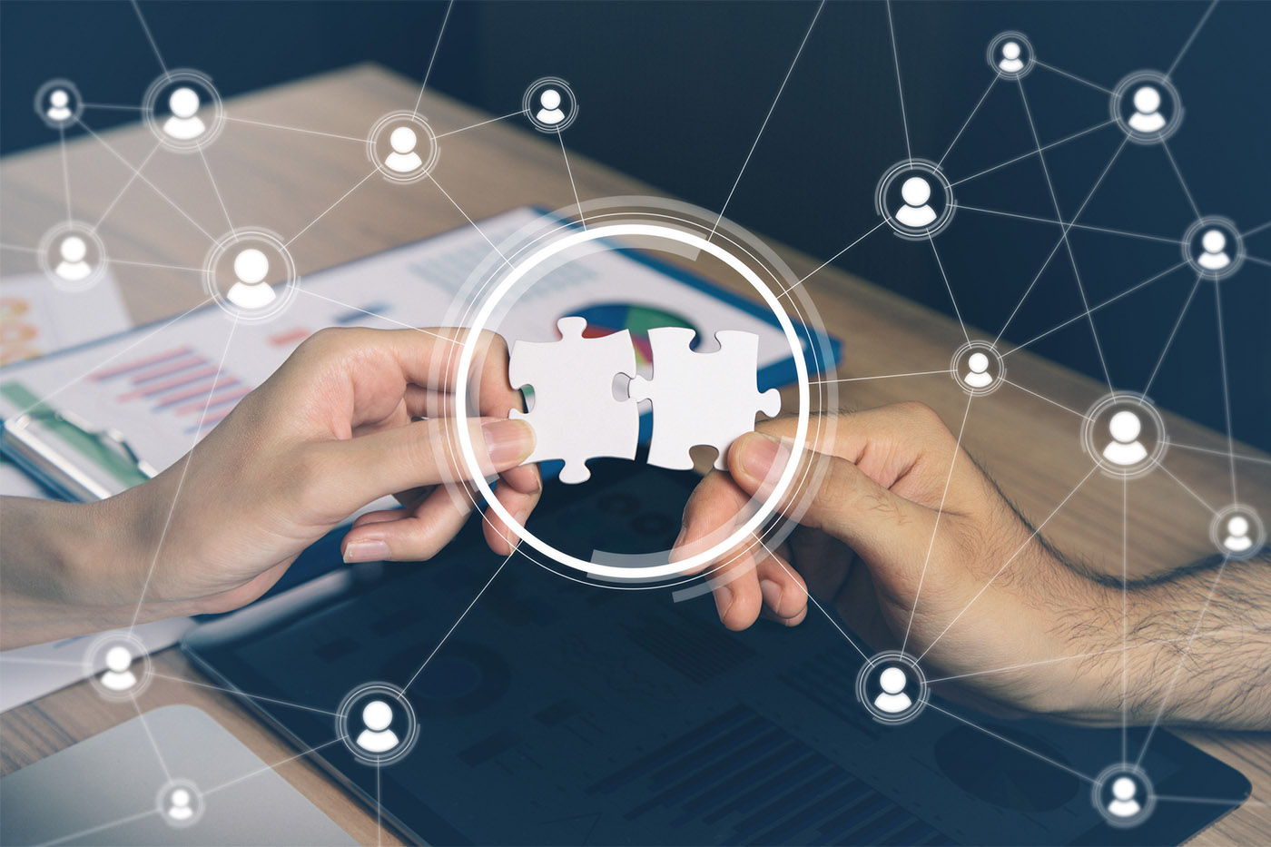 Shot of two human solving the puzzle shows the Business Process Outsourcing, an obvious connection